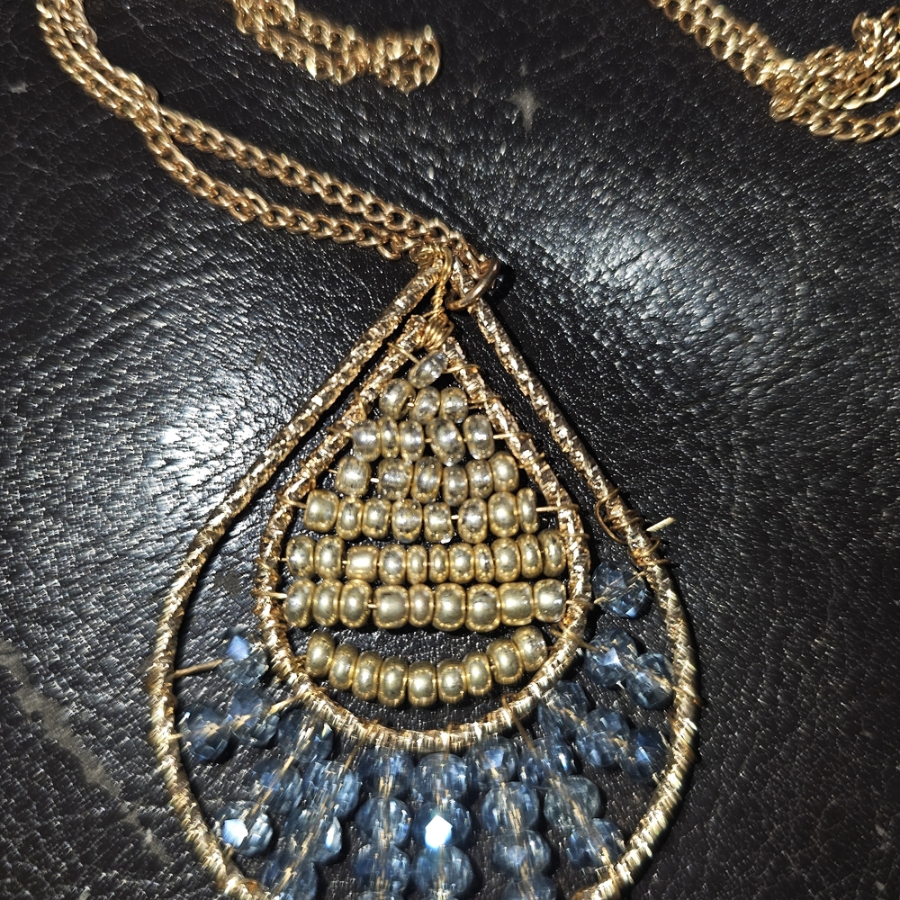 Elegant Gold and Blue Crystal  Beaded Necklace